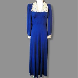 Vintage 70s Jody T blue long sleeve puff shoulder statement collar dress